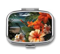 Tropical Flowers and Decorations Pill Box - 2 Compartment Travel Pill Organizer with Small Mirror, Portable Pillcase for Pocket & Purse, Cute Square Medicine Case, Weekly Medicine Container