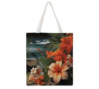 Tropical Flowers And Decorations Tote Bag, Aesthetic Canvas Tote Bag Reusable Grocery Shopping Bag for Women Men