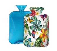 Tropical Flowers Butterflies Pattern Hot Water Bottle with Cover, 2L Large Capacity Hot Water Bag for Hot Cold Compress, Hand Feet Warmer, Neck Shoulder Pain Relief