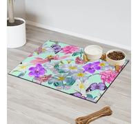 Tropical Flowers Butterfly Pet Feeding Mat for Cat Dog Water Bowl Food Mats Flowers Print Pet Feeding Mats Absorbent Nti-Slip Contain Spills Protects Floors Placemat 43.1 x 76.2 cm