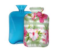 Tropical Flowers Hibiscus Stripe Hot Water Bottle with Cover, 2L PVC Hot Water Bag for Pain Relief, Hand Foot Warmer, Hot & Cold Therapy with Removable Cover, Gift for Women Kids Family
