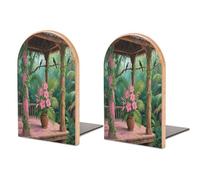 Tropical Flowers Palm Leaves Bookend for Shelves Decorative 1 Pair Modern Wood Book End Universal Economy Bookend with Metal Base Heavy Duty Non-Slip Book Organizer for Home Office