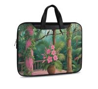 Tropical Flowers Palm Leaves PU Leather Laptop Tote Bag | Water Resistant Notebook Carrying Case with Handheld Strap, Computer Protector for Business Commute Daily Office Use