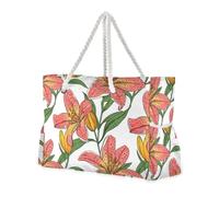 Tropical Flowers Peach White Portable Womens Tote Bags with side pocketes Bag Sandproof Outdoor Tote for Pool Gym Grocery Travel