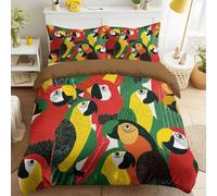 Tropical Folk Duvet Cover Sets Queen Size 102" x 87" Bedding Set 3 Pcs Soft Microfiber Parrot Red yellow Hand drawn Birds Animal Bedding Quilt Cover with Zipper Closure & Pillowcases