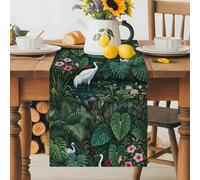 Tropical Forest Ibis Table Runner 13x108 Inches Long Watercolor Pond Pink Lotus Flowers Green Lotus Leaf Cotton Linen Table Runner Burlap Style for Dinner Table Party Decor Tabletop Decorations