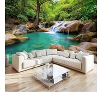 Tropical Forest Waterfall Stones Stream Wall Mural 250 x 175 cm Green Non-Woven Photo Wallpaper, Large Wall Covering for Living Room & Bedroom, Paste the Wall