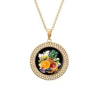 Tropical Fruit Blueberry Pineapple Oranges Women's Alloy Long Necklaces Round Pendant Ladies Diamond Necklace Jewelry Gift Golden-style