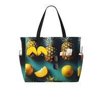 Tropical Fruit Pineapple Print Beach Tote Bag Waterproof Large Bags With Zipper Big Capacity For Vacation Travel