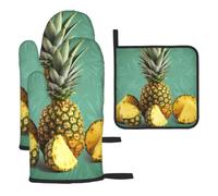 Tropical Fruit Pineapple Printed Oven Mitts and Pot Holders Sets 3 Pcs - Kitchen Non-Slip Heat Resistant Oven Gloves for Baking Cooking Bbq