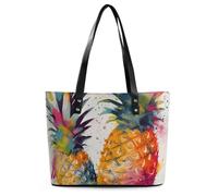 Tropical Fruit Watercolor Pineapple Leather Tote Bag for Women Work Shoulder Purses with Zipper Waterproof Large Computer Shoulder Bag Fashion Ladies Shoulder Handbag Reusable Shopping Bags