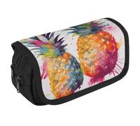 Tropical Fruit Watercolor Pineapple Pencil Case Organizer Large Capacity Cute Pen Pouch with 3 Compartment Office Stationery Large Pencil Bags with Zipper Fabric Pen Bag for Adults Portable Makeup Bag