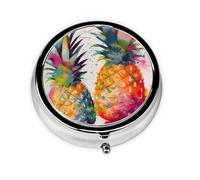 Tropical Fruit Watercolor Pineapple Pill Case with Mirror Retro 3 Compartment Pill Box Small Pill Organizer for Purse or Pocket Decorative Metal Medicine Vitamin Organizer Unique Gifts