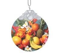 Tropical Fruits and Flowers Christmas Ornament Round Shape Glass Christmas Hanging Pendants for Xmas Tree Decoration, Unique Acrylic Suncatcher Xmas Decor Holiday Pendants Gift Silver
