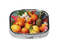 Tropical Fruits and Flowers Pill Case 2 Compartment Pill Box Portable Metal Pill Organizer Cute Travel Pill Container Vitamin Organizer for Purse Pocket Travel Gift