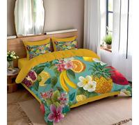 Tropical Fruits Duvet Cover Set King, 3 Pcs Watercolor Floral Bedding Set Soft Microfiber Easy Care Quilt Cover with 2 Pillowcases for Teens Kids Reversible Duvet Sets - 230x220cm Yellow Green