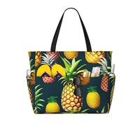 Tropical Fruits Pineapple Print Beach Tote Bag Waterproof Large Bags With Zipper Big Capacity For Vacation Travel