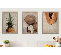Tropical Fruits Set of 3 Unframed Wall Poster Prints, Pineapple Coconut Papaya, Digitally Printed Linen Background, Kitchen Lounge Bedroom Bathroom Home Decor, Brown Orange (A3)
