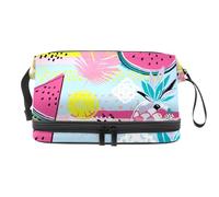 Tropical Fruits Watermelon Pineapple Strawberry Double Layer Cosmetic Bag for Women and Girls, Travel Toiletry Bag Makeup Handy Pouch Organiser Bag with Brush Compartment