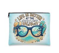 Tropical Fun Makeup Bag, Life Is Better at the Beach Cosmetic Pouch for Women, Portable Canvas Zipper Organizer, Summer Travel Toiletry Bag, Blue, 7x9 Inch, Beach