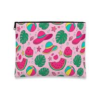 Tropical Fun Makeup Bag, Watermelon and Hat Pattern Cosmetic Pouch for Women, Portable Canvas Zipper Organizer, Summer Travel Toiletry Bag, Peach, 7x9 Inch, Watermelon