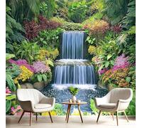 Tropical Garden Silk Cloth 3D Photo Wallpaper Mural, Waterfall Botanical Wallcoverings, 400x280cm (WxH) Indoor Emerald Green Wall Painting for Bedroom Living Room TV Backdrop Home Decoration