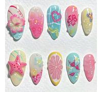 Tropical Gradient Acrylic Nails With Floral Beach Designs - Long Oval Press On Nails For Women And Girls In Vibrant Summer Colours Featuring Fruit Slices Heart Starfish And Bikini Motifs
