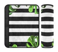 Tropical Green Leaves Black White Striped 2 pcs car seat Pads for Straps, More Comfort Driving, Seatbelt Cushion for Bag