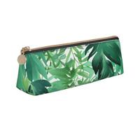 Tropical Green Leaves Printed Triangle Leather Pencil Case for Girls Boys, Zipper Pencil Bag Pen Pouch Bag Organizer for Student School Office College