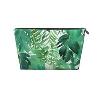 Tropical Green Leaves Prints PVC Leather Travel Toiletry Bag with Silver Zippers, Waterproof Cosmetic Organiser for Makeup, Toiletries & Essentials