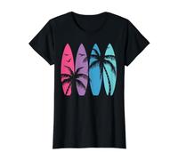 Tropical Hawaii Palm Tree Surfing Beach Surfboard Lover Value Graphic T-Shirt, Women, Black, XL