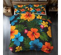 Tropical Hibiscus Emperor Duvet Cover Set, Palm Leaves Flower Bedding Set, Microfiber Soft Reversible Quilt Cover 290x235 + 2 Pillowcase, Zipper Closure, Bedroom Decor BhT38