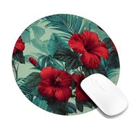 Tropical Hibiscus Floral Desk Mouse Pad, Red Green Watercolor Flowers Stitched Edge Mousepad, Rubber Non-Slip Washable Gaming Mouse Pad for Home and Office Use Round 8x8 Inch