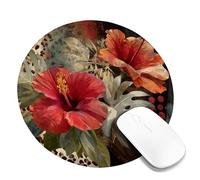 Tropical Hibiscus Floral Mouse Pad, Red Orange Flowers Non-Slip Washable Gaming Mousepad for Home and Office Computer, Laptop Round 8x8 Inch