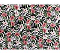 Tropical Hibiscus Floral Print Viscose Elastane Jersey Dress Fabric | 150cm Wide | Zebra Print Pattern, Pink White Purple Flowers, Green Leaves