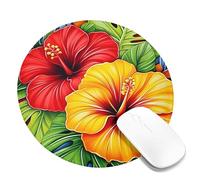 Tropical Hibiscus Flowers Mouse Pad, Red Yellow Floral Square Desk Pad, Rubber Non-Slip Washable Gaming Mousepad for Home and Office Computer, Laptop Round 8x8 Inch