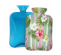 Tropical Hibiscus Flowers Stripe Hot Water Bottle with Cover, 2L PVC Hot Water Bag for Pain Relief, Hand Foot Warmer, Hot & Cold Therapy with Removable Cover, Gift for Women Kids Family