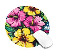 Tropical Hibiscus Square Desk Mouse Pad, Peach Yellow Floral Design, Stitched Edge Mousepad, Rubber Non-Slip Washable Gaming Mouse Pad for Home and Office Computer, Laptop Round 8x8 Inch