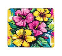 Tropical Hibiscus Square Desk Mouse Pad, Peach Yellow Floral Design, Stitched Edge Mousepad, Rubber Non-Slip Washable Gaming Mouse Pad for Home and Office Computer, Laptop Square 8x10 Inch