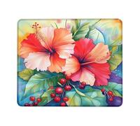 Tropical Hibiscus Square Desk Mouse Pad, Red Peach Floral Watercolor Design, Stitched Edge Mousepad, Rubber Non-Slip Washable Gaming Mouse Pad for Home and Office Computer, Laptop Square 8x10 Inch