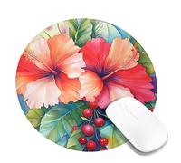 Tropical Hibiscus Square Desk Mouse Pad, Red Peach Floral Watercolor Design, Stitched Edge Mousepad, Rubber Non-Slip Washable Gaming Mouse Pad for Home and Office Computer, Laptop Round 8x8 Inch