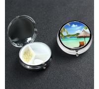Tropical Holidays Round Pill Box 3 Compartment Cute Travel Pill Organizer Case Portable Medicine Vitamin Organizer Metal Pill Case for Women Men Travel Unique Gift