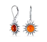 Tropical Honeymoon Vacation Beach Sun Rise Genuine Honey Cognac Amber Round Sunburst Dangle Drop Earrings For Women Lever back Oxidized .925 Sterling Silver