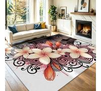 Tropical Illustration Area Rugs for Living Room 140 x 200 cm, Washable Anti Slip Rugs, Brown Super Soft Bedroom Rug, Black Vines Frangipani Flowers Style Carpet