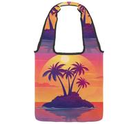 Tropical Island and Palm Trees Sunset Background Canvas Tote Bag for Women, Medium Reusable Grocery Totes Washable and Eco-friendly