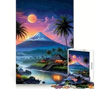 Tropical Island Landscape with Mountain And Moon Teenagers 1000 Piece Jigsaw Puzzle Thought Training Leisure Pleasure Snug Fit Lovely Gift (38x26cm)