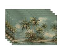 Tropical Island Palm Tree Placemats, Blue Vintage Coastal Place mats for Dining Table, Non-Slip Washable Indoor Outdoor Party Decorative Placemat Set of 4