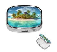Tropical Island Square Metal Pill Box 2 Compartment Cute Travel Pill Organizer Case Portable Medicine Vitamin Organizer Pill Case for Women Men Travel Unique Gift