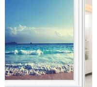 Tropical Island Static Window Film, Ocean Waves Beach at The Sunset Time Skyline, Glass Film for DIY Home Decoration of Glass Windows, W23.6 x L35.4 Inch Turquoise Sky Blue