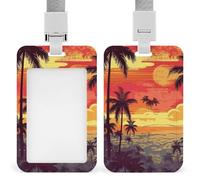 Tropical Island Sunset Badge Holder with Lanyard - Waterproof Hard Plastic ID Card Holder Professional Name Tag Vertical ID Card Name Badge for Office Nurse Doctor Teacher